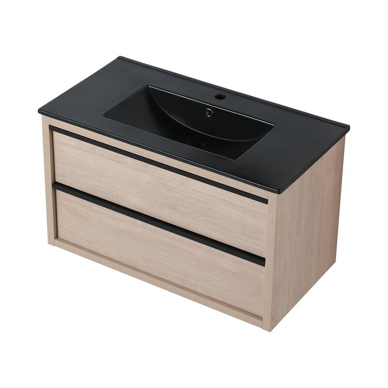 Wall-Mounted Plywood Bathroom Vanity Set in Plain Light Oak with Integrated Sink