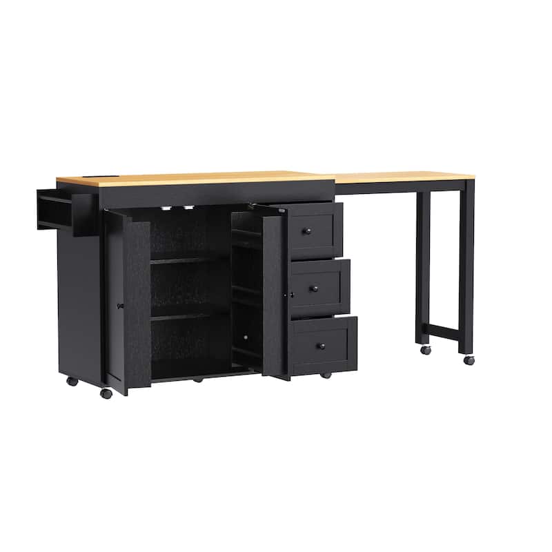 Kitchen Island with Extendable Dining Table, 3 Drawers, Power Outlet, Kitchen Storage Cart with Spice Rack and 2 Door Cabinet