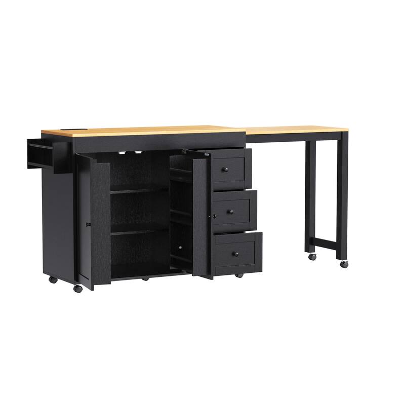 Roomfitters 74.8" Rolling Kitchen Island with Extendable Dining Table, Mobile Cart with Power Outlet, 3 Drawers & Racks