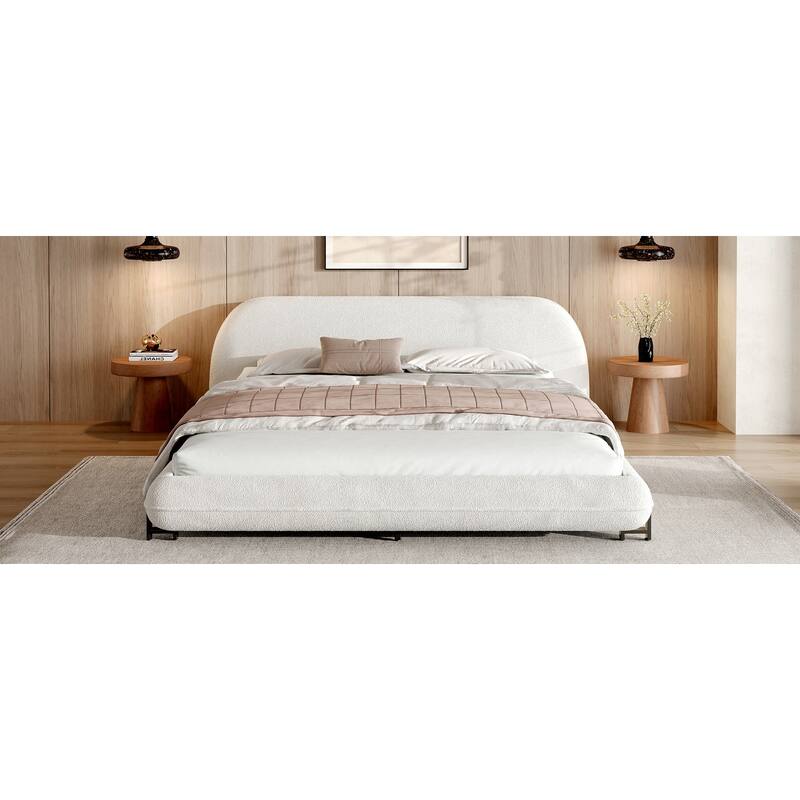 White Upholstered Boucle Fabric Low-Profile Platform Bed Frame with Thought Embeded Curved Thick Headboard and Metal Support Leg