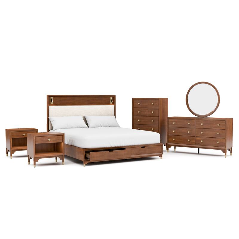 Furniture of America Forma Mid-Century Modern 6-Piece Walnut Solid Wood Storage Platform Bedroom Set