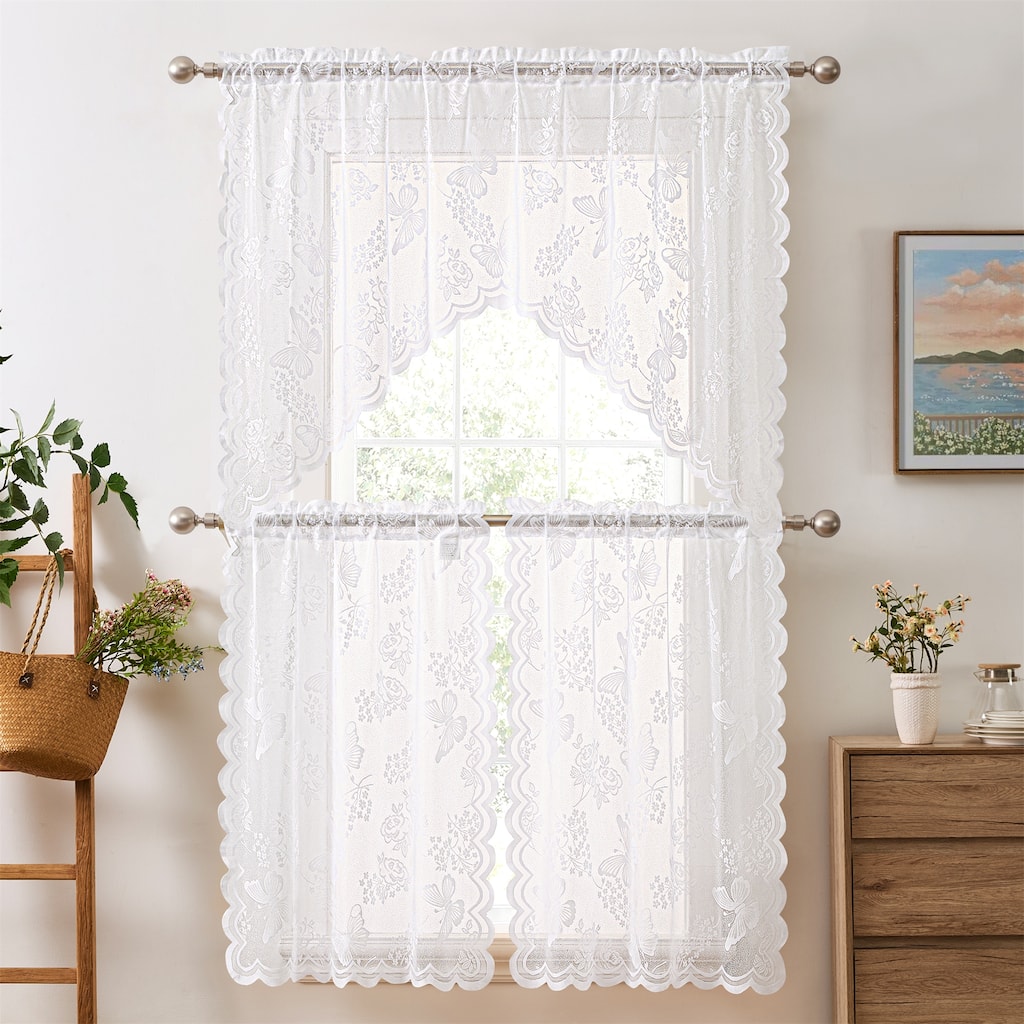 HLC.ME Butterfly Floral Lace - Sheer 3 Piece Kitchen Curtains Set, Sheer Window Swag Valance + 36 inch Tiers Set