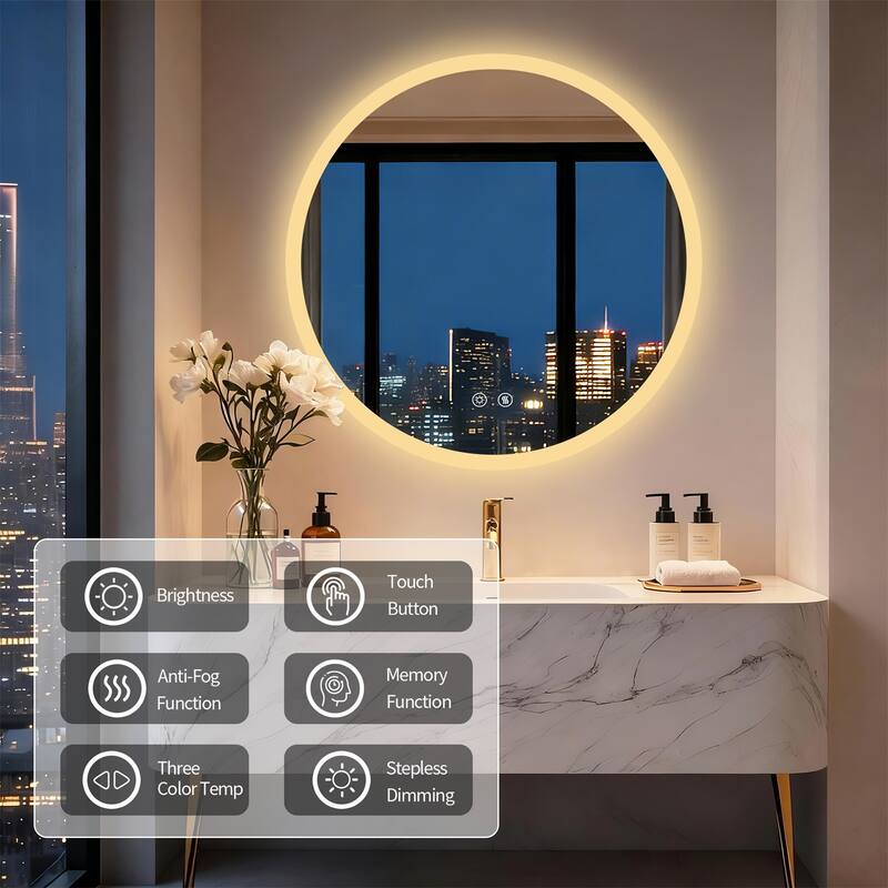 Backlit Round LED Lighted Bathroom Mirror Smart Touch Anti-Fog Wall Makeup Mirror with Aluminum Frame