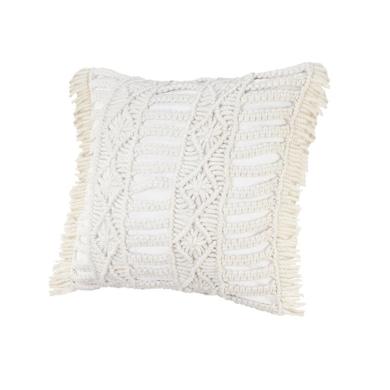 24" White Macrame Outdoor Square Throw Pillow
