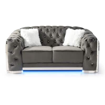Button Tufted Flared Arm Velvet Straight Sofa with LED Lights - 71" - Gray