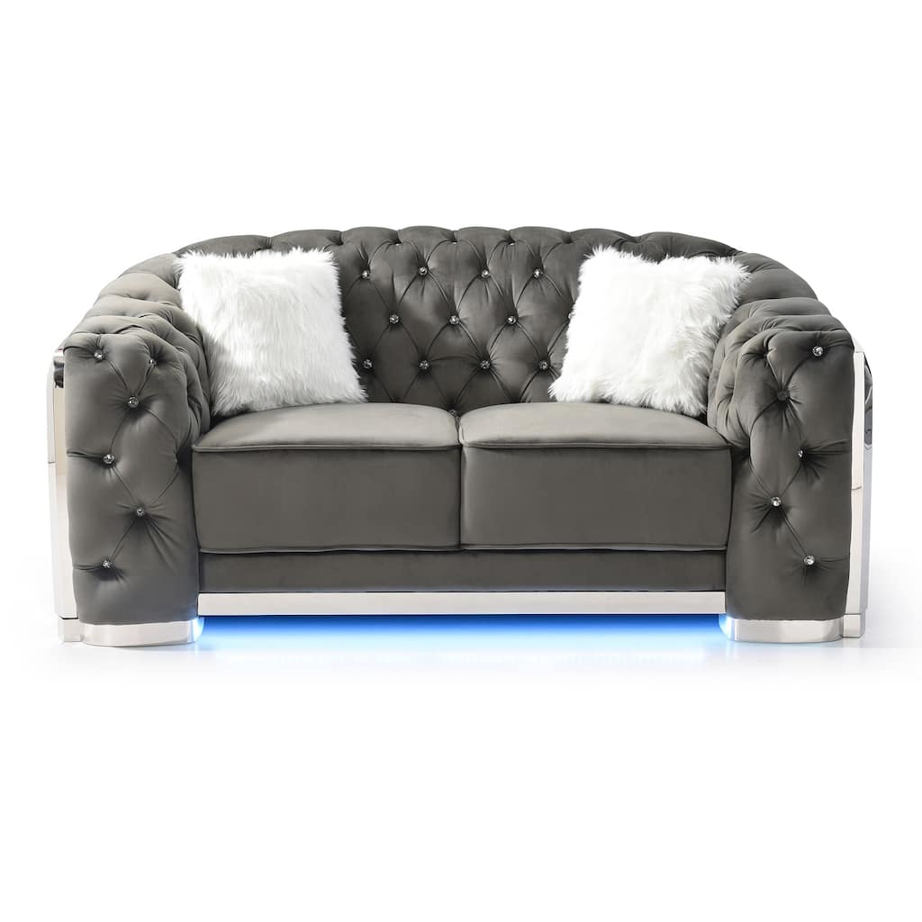Button Tufted Flared Arm Velvet Straight Sofa with LED Lights - 71" - Gray