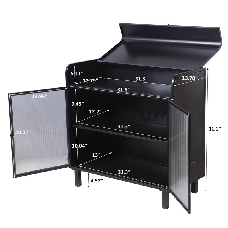 Kitchen Pantry with Tempered Figured Glass Doors, Buffet Cabinet with Flip Top and Shelves, Storage Cabinet with Metal Frame