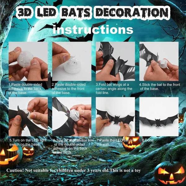 Halloween LED Bats Light Wall Stickers Glow In The Dark 3D Wall Decor For Home Decor Indoor Party Decorations (12, 5 Sizes