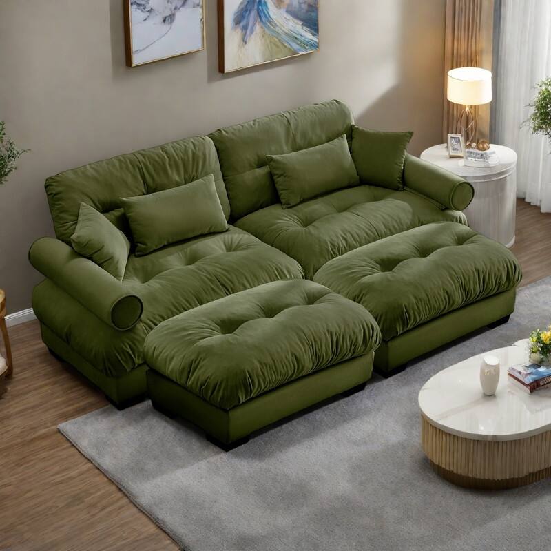 93.7" Oversized Velvet 2-Seater Sofa with Ottoman, Round Bolster Armrests, and Included Pillows - Olive Green