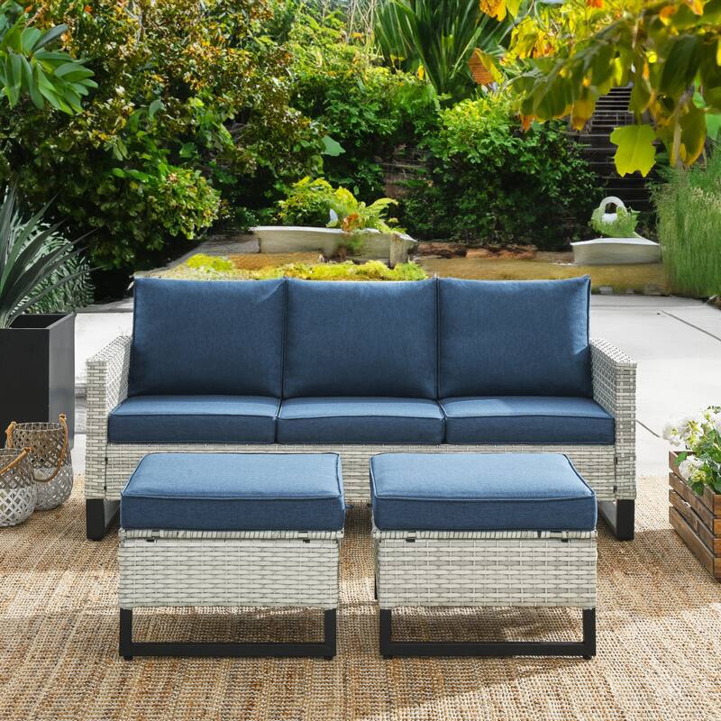 Gymojoy Outdoor Patio Wicker Sofa with Ottomans - Light Grey - Blue
