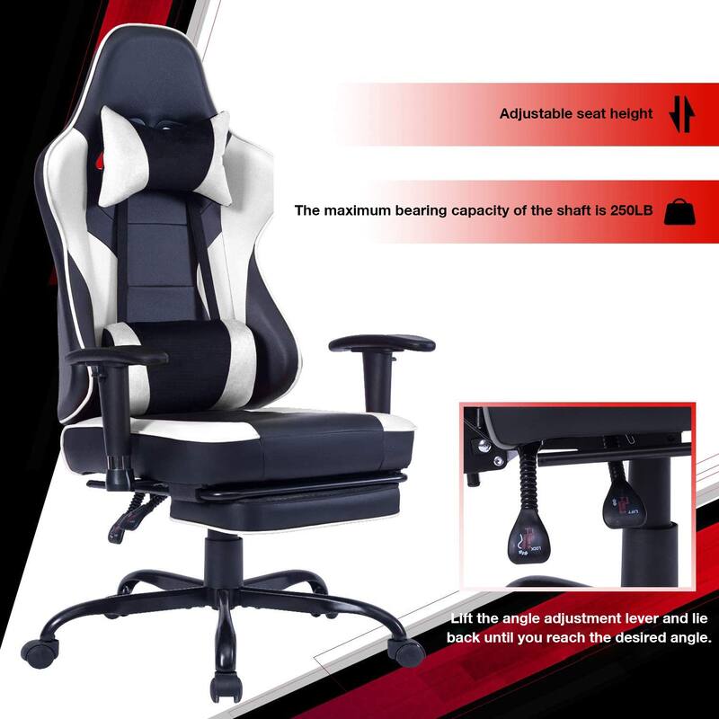 Leather Gaming Chair with Vibration Massage, 2D Armrests and 135° Recline