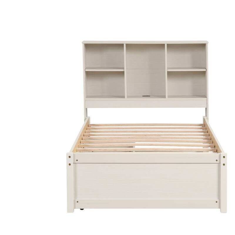 Modern Twin Size Bed Frame with USB Port, Bookcase Headboard & 2 Drawers in White Washed Finish