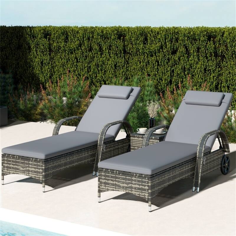 3 Piece Outdoor Rattan Chaise Lounge Chair Set with Cushions and Glass Top Side Table - 78.75" L x 28.75" W x 40.5" H