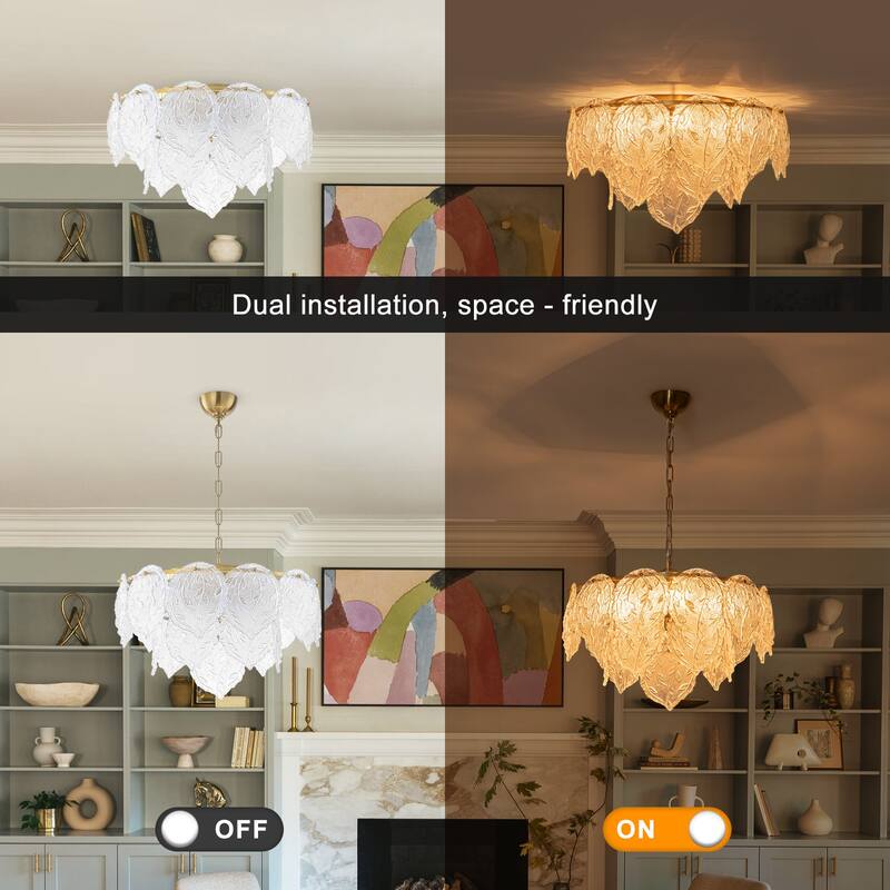 Luxury Gold Chandelier with Double-Tier Clear Glass Leaves