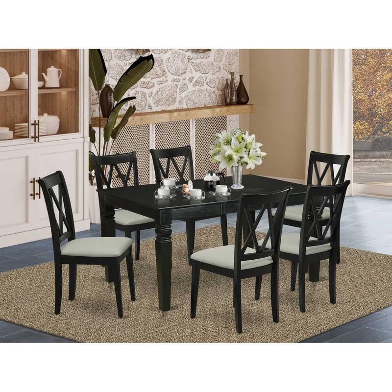HomeStock 7-Piece Rectangle Black Finish Solid Wood Top Dining Table with 6-Chairs with Butterfly Leaf Cross Back