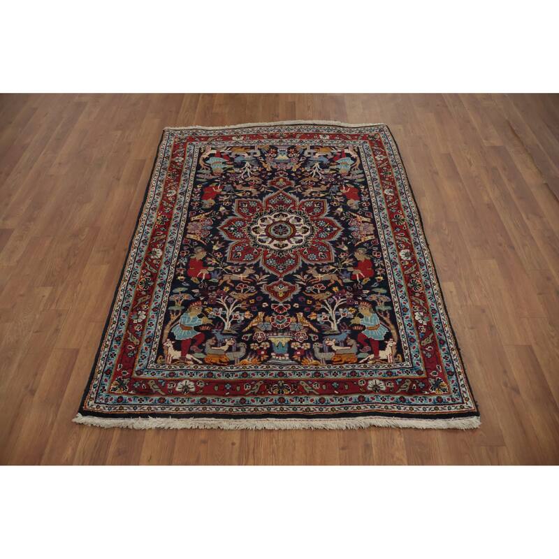 Hand Knotted Oriental 100% Wool Carpet Traditional Floral Navy Blue & Blues Kashan Area Rug - 4' 11'' X 3' 6''