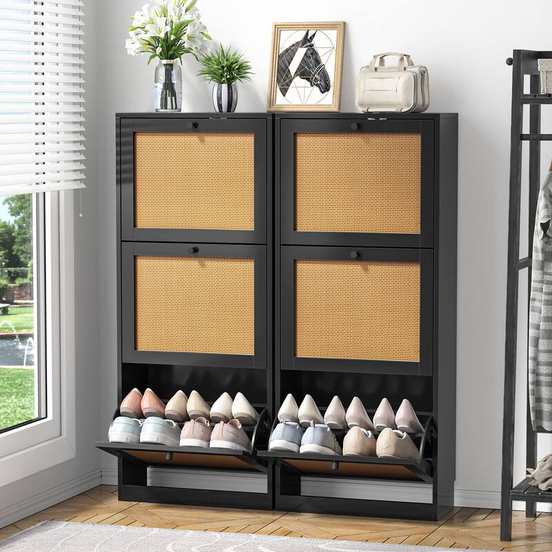 18 Pairs Black Shoe Storage Cabinet Wood Shoe Rack Organizer with 3 Flip Drawers for Entryway - 3-Tier