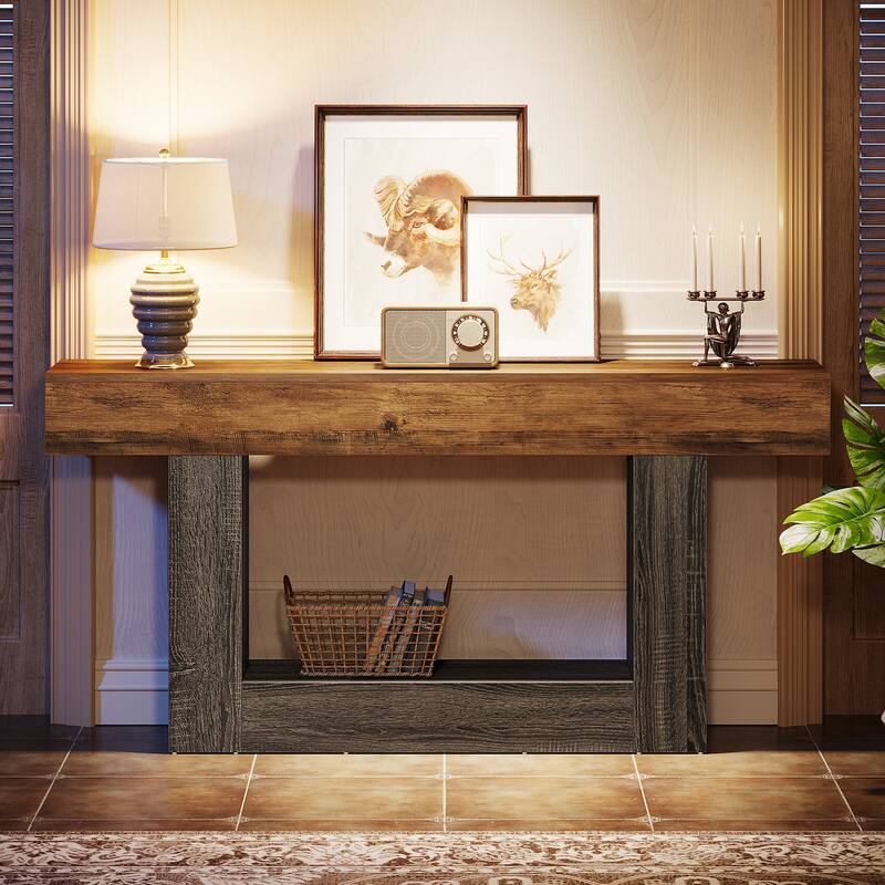 63 Inches Brown and Gray Narrow Long Wood Console Table for Entryway