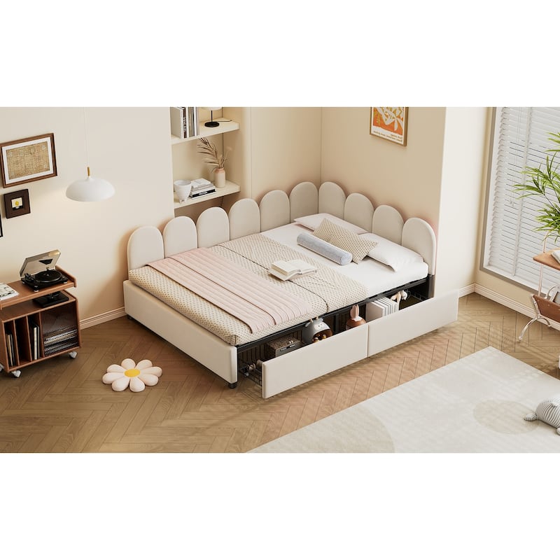 Full Size Velvet Upholstered Daybed with 2 Drawers and Soft Fabric Headboard for Bedroom