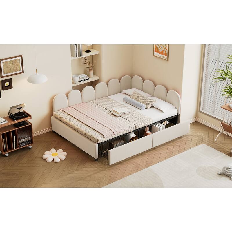 Full Size Velvet Upholstered Daybed with Two Drawers and Soft Headboard