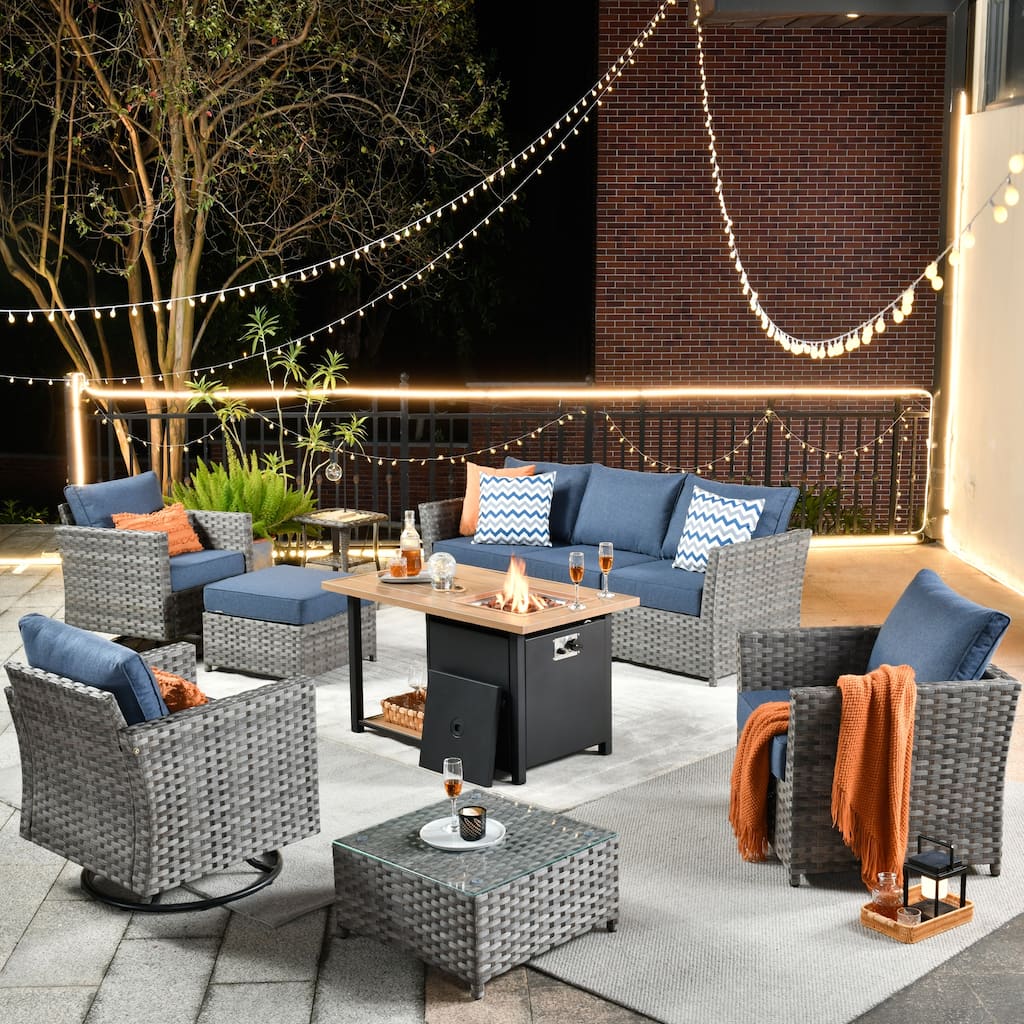 HOOOWOOO 10-piece Outdoor Grey Wicker Patio Furniture Set with Fire Pit Table