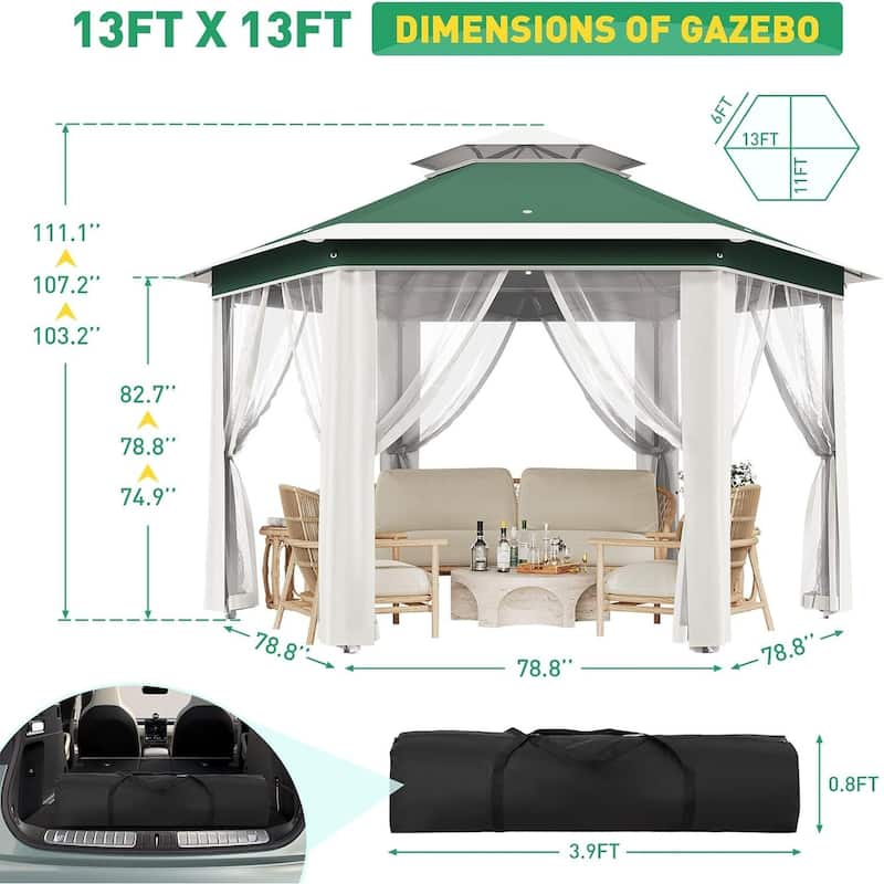 13' x 13' Hexagonal Pop Up Gazebo Canopy Shelter for Backyard, Garden, Lawn - 13' x 13'