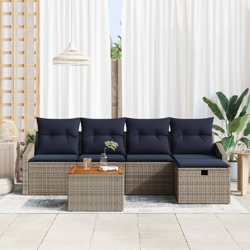 vidaXL 6 Garden Sofa Set with Cushions Black/Grey Poly Rattan - 91.7 x 46.1 x 27.2