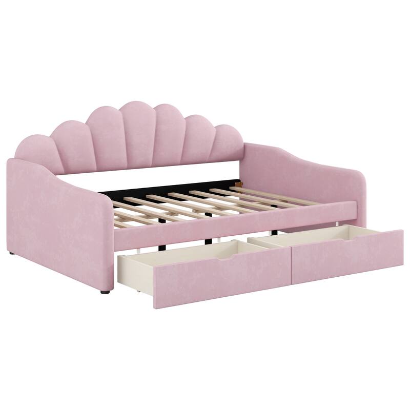 Full Size Shell-Shaped Backrest Upholstered Daybed with Optional Trundle or Drawers