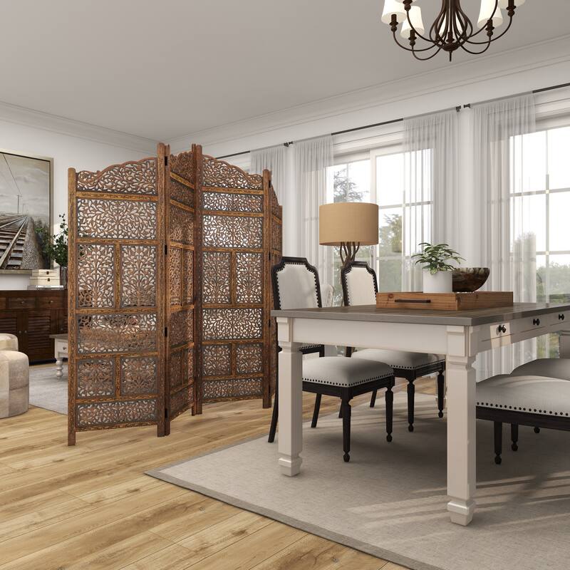 Wooden Floral Handmade Foldable Arched 4 Panel Room Divider Screen with Intricately Carved Designs - Brown - Roche River Decor