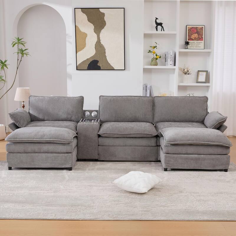 U-Shaped Chenille Modular Sofa with Bluetooth Speakers, Wireless Charging, Storage Console, 2 Cup Holders & Movable Ottoman