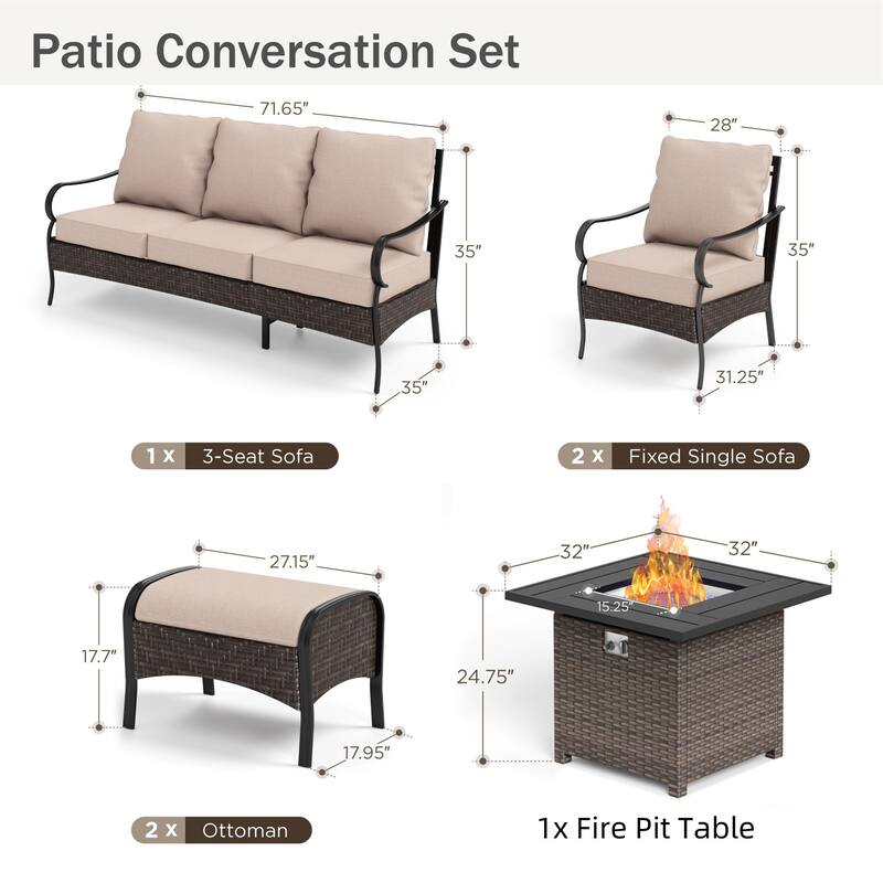 MAISON ARTS Oversized 6-Piece Outdoor Patio Set with Fire Pit - 3-Seater Sofa, 2-Seater Sofa, Swivel Chairs, Ottomans (Beige)