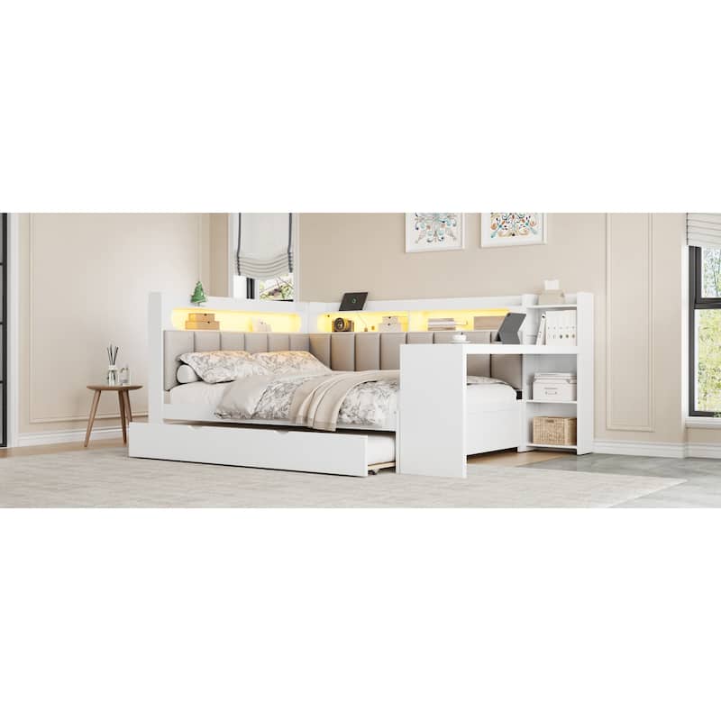 Roomfitters Full Daybed with Trundle, Charging Station and Upholstered Headboard