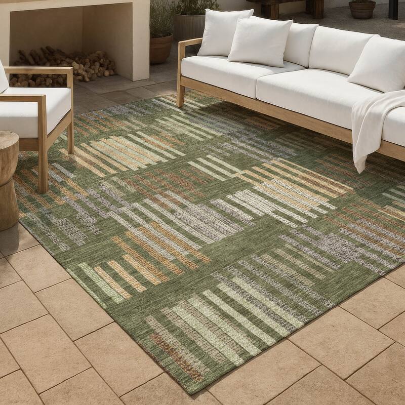 Machine Washable Indoor/ Outdoor Modern Pines Chantille Rug - Olive - 8' x 10'