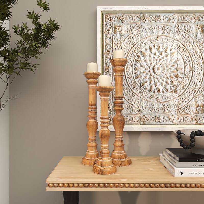 Brown Mango Wood Handmade Candle Holder with Turned Style (Set of 3)