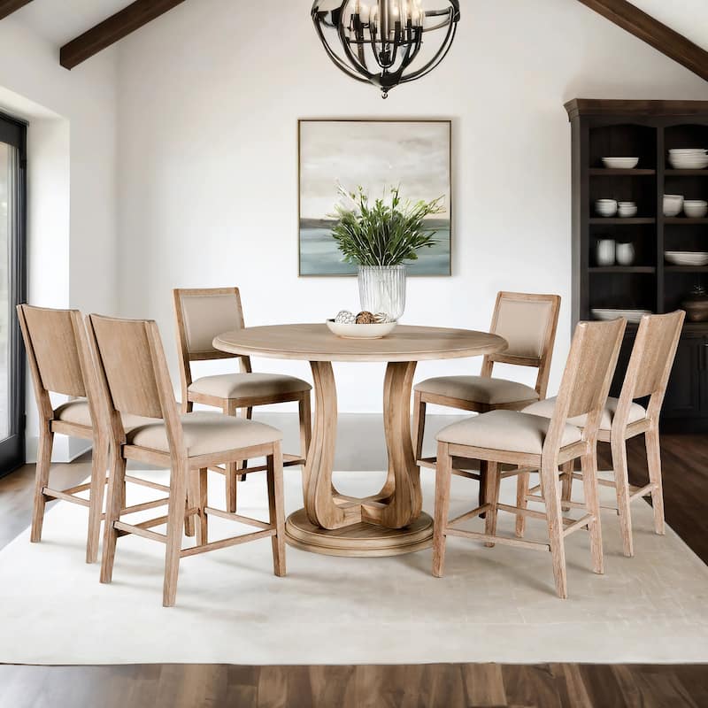 Furniture of America Eira 7-Piece Distressed Natural Wood Round Counter Height Table Set - Distressed Natural