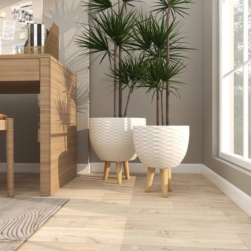 White or Gray Ceramic Indoor Outdoor Planter with Wood Legs (Set of 2)