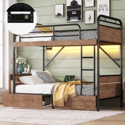 Detachable Bunk Bed Convertible 2 Beds, Black Metal Twin XL Over Twin XL Bed Frame with 2 Drawers, Lights and Charge Station