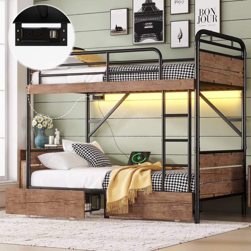 Twin XL over Twin XL Metal Bunk Bed, Detachable Metal Bunk Bed with LED Light and Charge Station, with Two Storage Drawers - Black