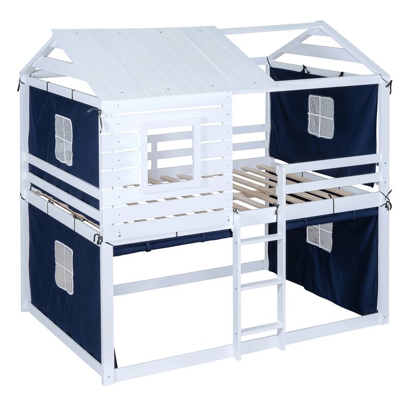 Full Size Solid Wood House Bunk Bed with Tent, Ladder and Fence for Kids, Bedroom