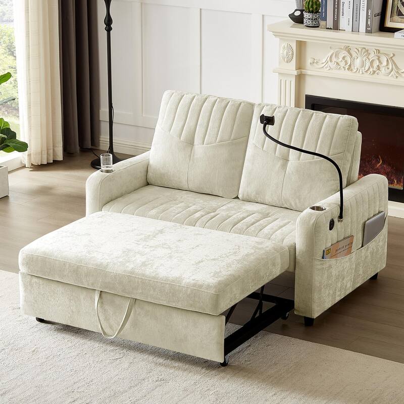 Chenille Loveseat Convertible Pull-out Sleeper Sofa Bed, Tufted Couch w2 Cup Holders Phone Holder & 3 USB Ports, Pockets - Beige