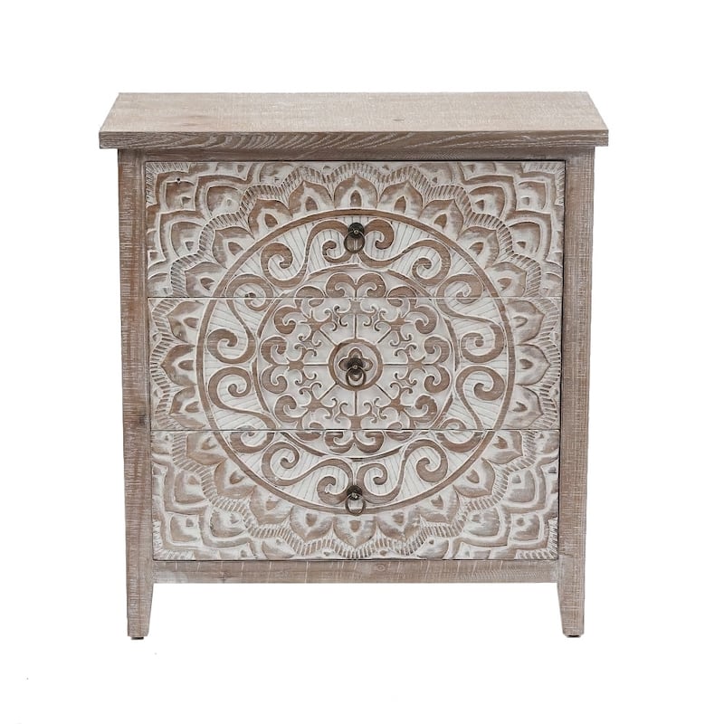 Rustic Natural and Whitewashed Wood Floral 3-Drawer Chest - 30.5" H x 28.5" W x 14.25" D