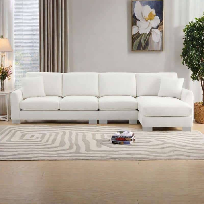 119" Chenille L-Shaped Sectional Sofa with Chaise Lounge and 2 Pillows - White