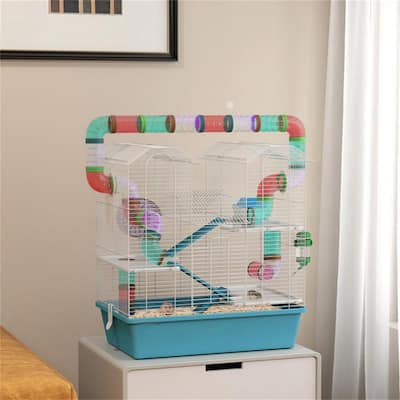 Small Pet Habitat Cage with Stand, Doors, Ramp & Shelf Storage - 22.8" L x 14.2" W x 25.6" H
