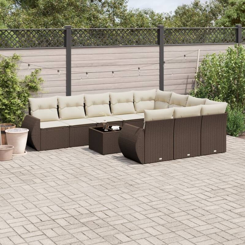 vidaXL Patio Sofa Set with Cushions Outdoor Conversation Furniture Poly Rattan - Brown and cream with table - 21.7 x 21.7 x 14.6