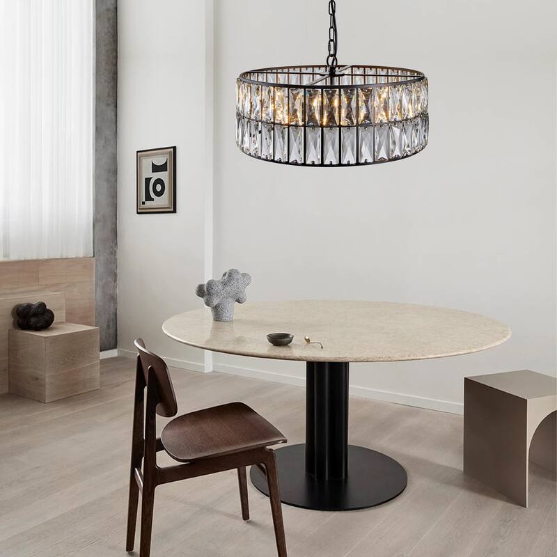 18" Golden Modern Crystal Drum Chandelier, 6-Light Pendant Lighting Fixture Metal Frame for Living Room, Dining Room and Bedroom