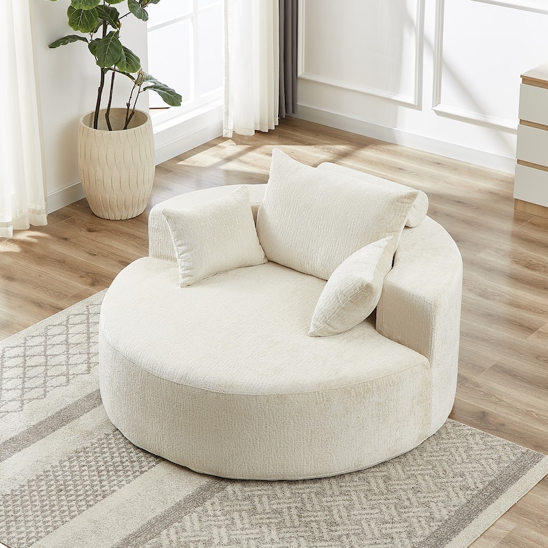 Beige Round Chenille Single Sleeper Sofa with Backrest Pillow - Beige