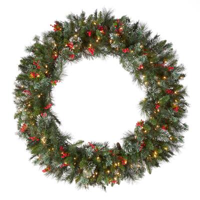 48-inch Wintry Pine Wreath with Clear Lights - 48 inches diameter x 7 inches deep