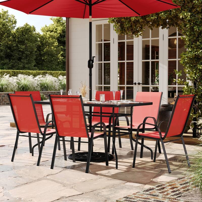 7-Piece Rippled Glass Outdoor Patio Table and Stacking Chairs Set - Red