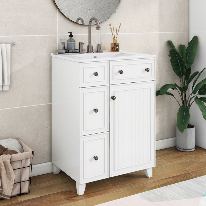 24" Bathroom Vanity Cabinet with Ceramic Sink, 2 Drawers & Door, White