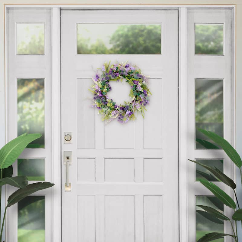 Puleo International 24" Artificial Echinops Floral Spring Door Wreath, Green/Purple